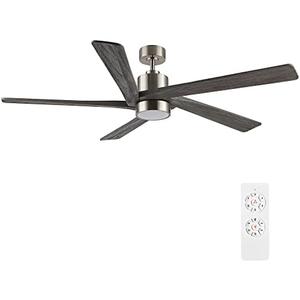 WINGBO 54 Inch DC Ceiling Fan with Lights and Remote Control, 5 Reversible Carved Wood Blades, 6-Speed Noiseless DC Motor, Modern Ceiling Fan in Brushed Nickel Finish with Gray Blades, ETL Listed