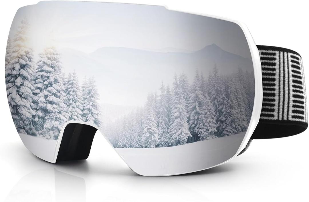 Ski Snow Goggles,OTG UV400 Protection,Anti Fog Skiing,Skating,Snowboarding,Snowboard Goggles For Men Women Youth (Whitesliver)