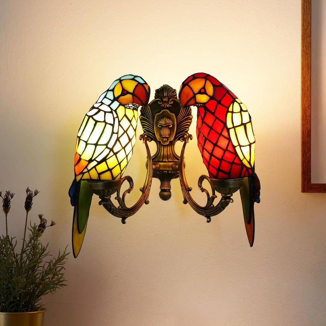 Tiffany Parrot Wall Sconce 2 Lights Stained Glass Wall Light Beside Wall Light Vintage Wall Mount Lighting Fixtures for Living Room Hotel Shop Porch