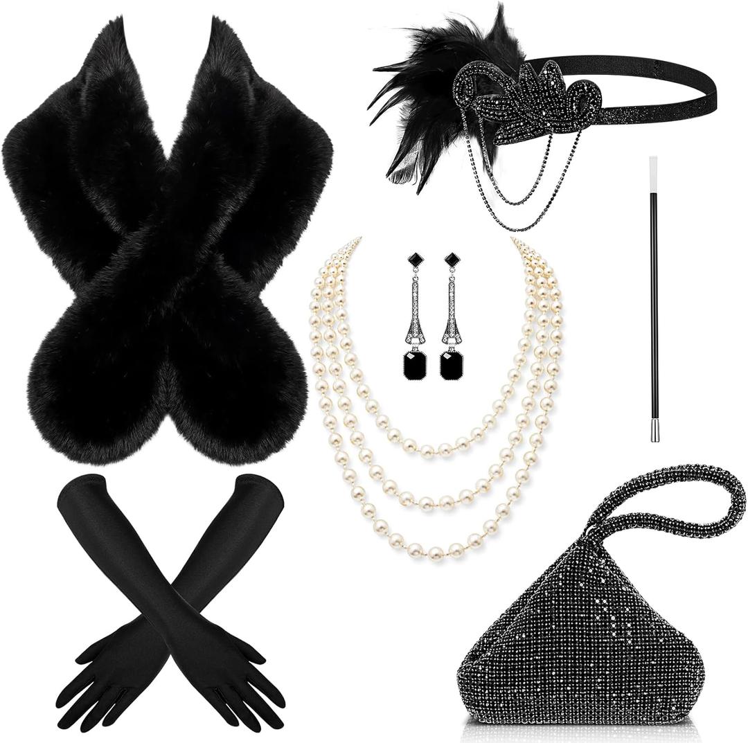 Estune 7 Pcs 1920s Flapper Accessories for Women Headpiece Fur Shawl Clutch Earrings Necklace Gloves Holder Roaring Costume