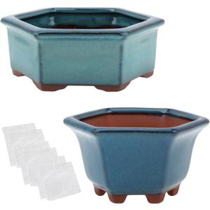 Bonsai Planter 2pc Small Succulent Glazed Pots 4.9" and 6.1" + 6 Soft Mesh Drainage Screens