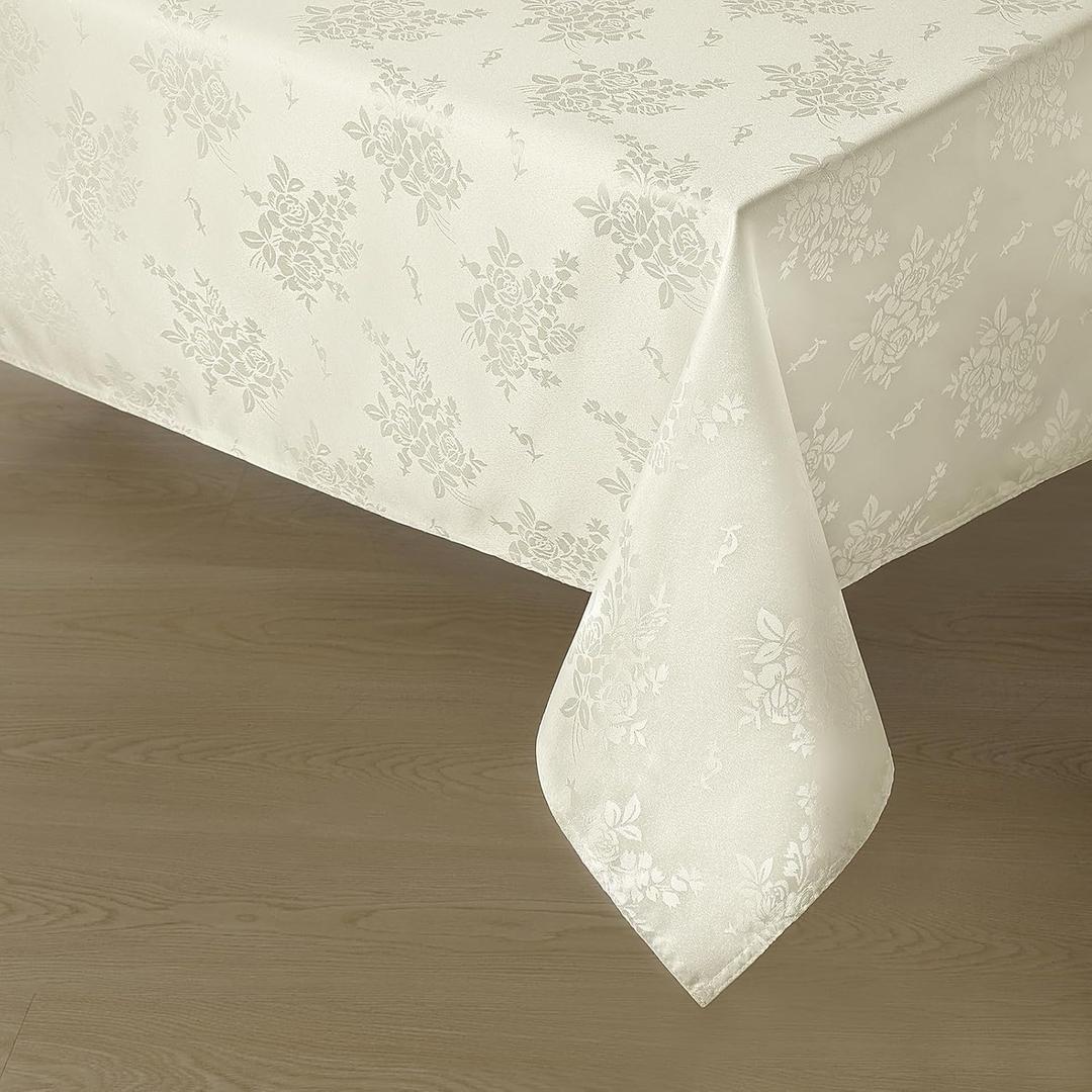 Romanstile Jacquard Rectangle Tablecloth, Waterproof Elegant Damask Rose Floral Pattern Table Cloth, Washable Decorative Polyester Table Cover for Kitchen/Dining/Parties - Ivory, 60 x 104 Inch