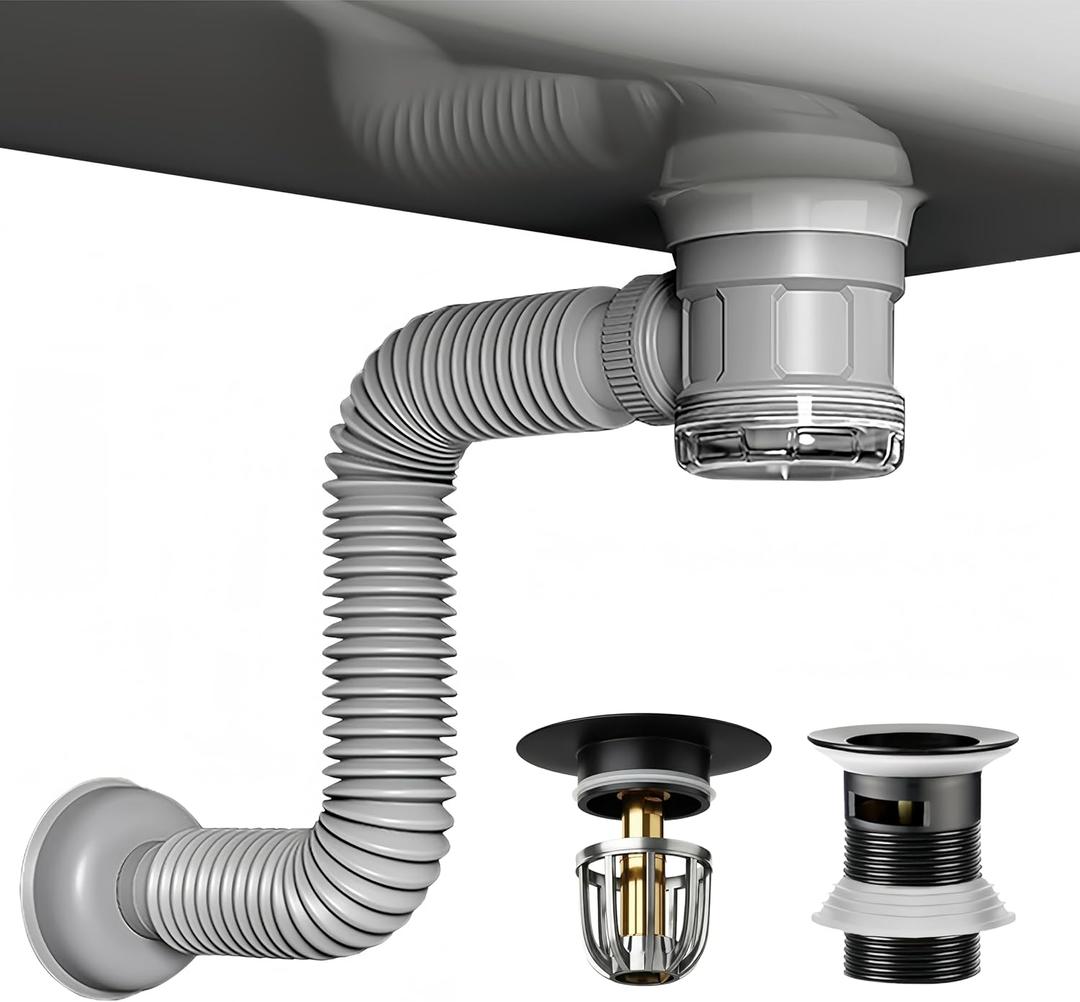 Bathroom Sink Drain Kit with Flexible Expandable Pipe: Odor-Free & Backflow-Preventing, Space-Saving Design without a P-trap, For 1-1/4'' & 1-1/2'' Drain Hole (Black, With Overflow)