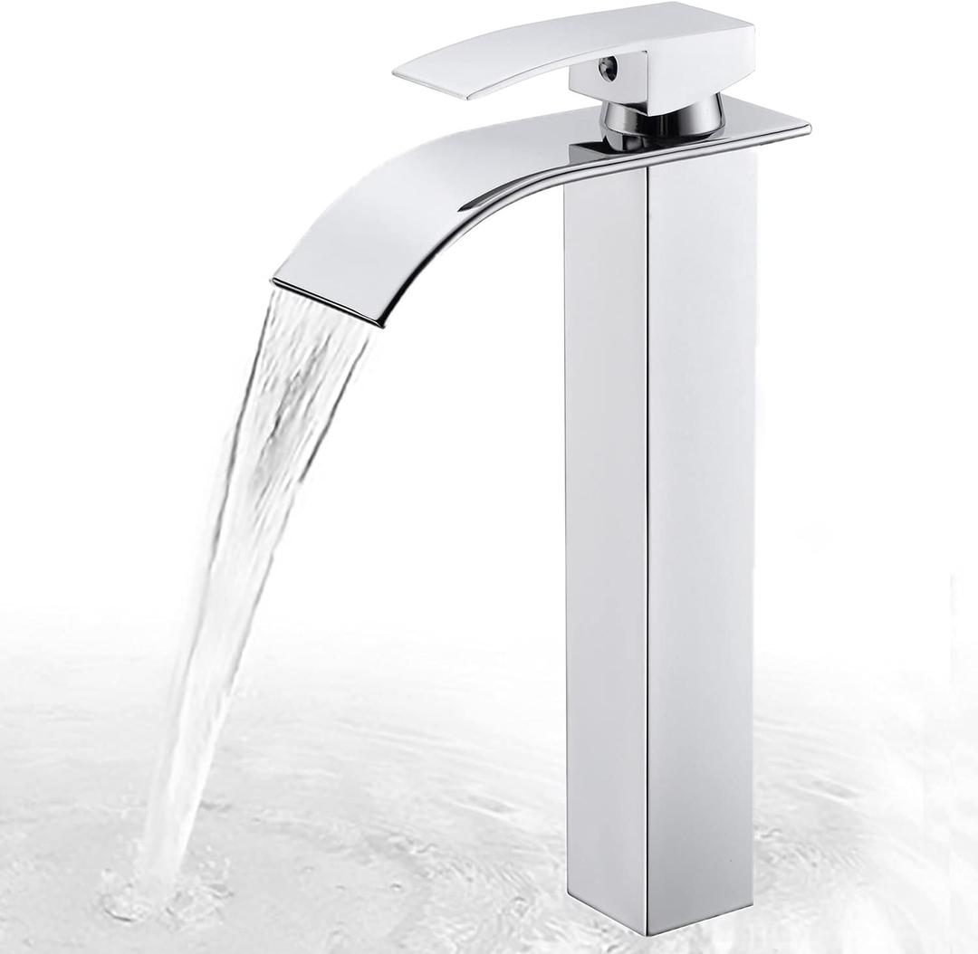Tall Bathroom Vessel Faucet Chrome, Waterfall Tall Bathroom Faucet Single Handle 1 Hole Lavatory Sink Bowl Mixer Tap Mixer Tap