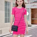 OYOANGLE Girl's Textured Drawstring Side Ruched Short Sleeve Bodycon Pencil Short Dress (Pink)
