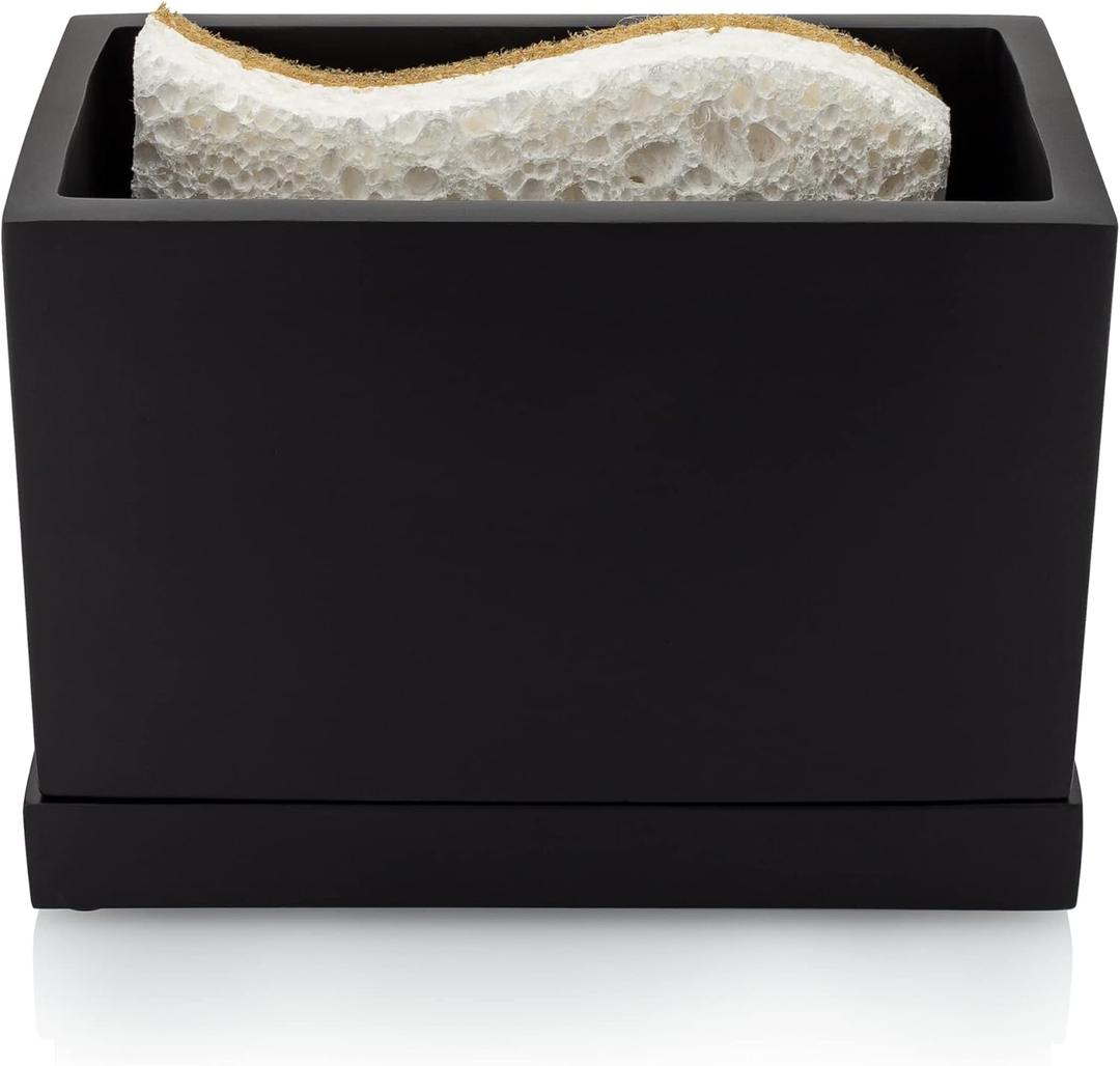 Essentra Home Matte Black Kitchen Sponge Holder, Modern Kitchen Sink Caddy with Drain Tray