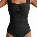 Womens One Piece Swimsuits Tummy Control Twist Front Bathing Suits Full Coverage Swimsuit Wide Straps Swimwear (Black, L)