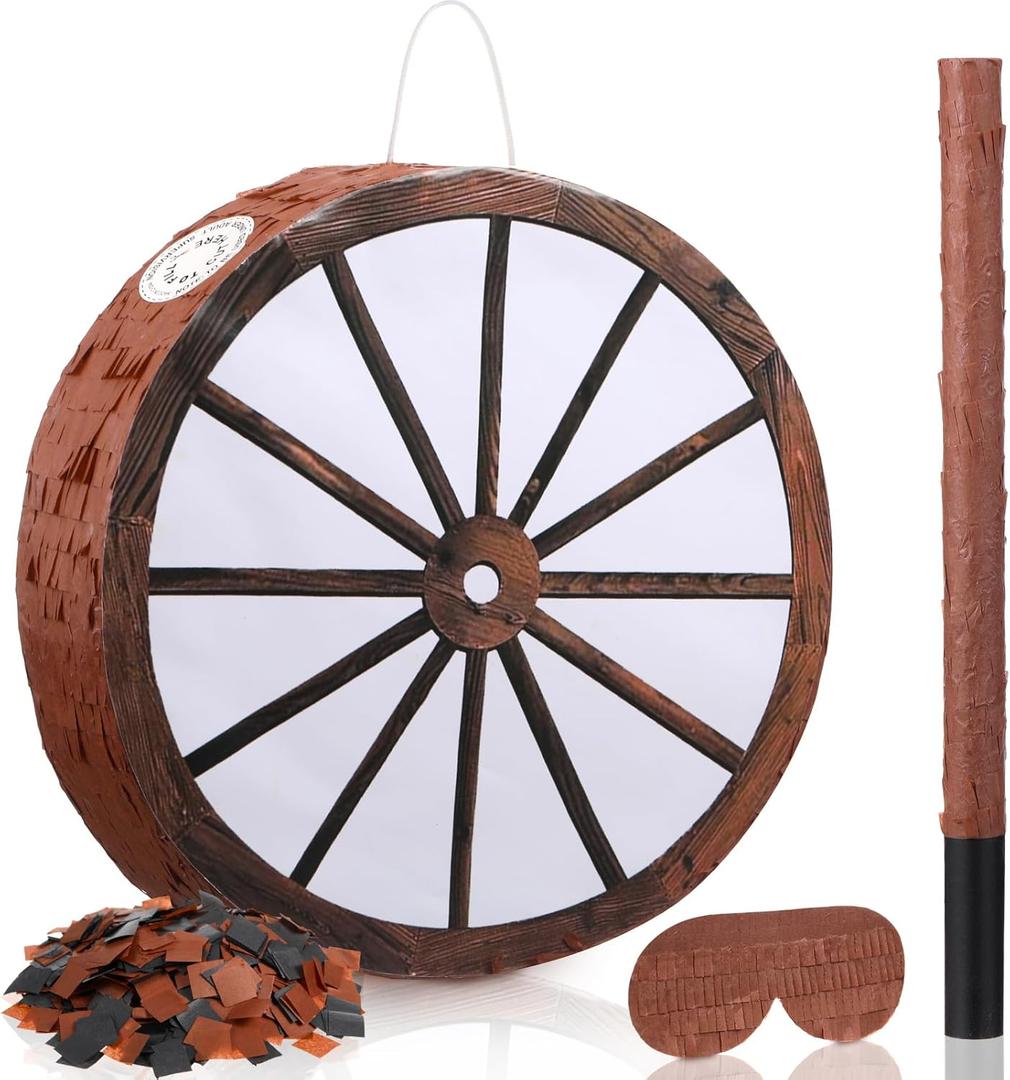 Cowboy Pinata 13 Inch Wagon Wheel Western Pinata with Stick Blindfold and Confetti Cowboy Country Themed Birthday Party Decorations Supplies for Adults Rodeos Events Gatherings