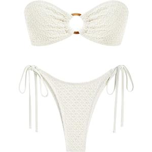 ZAFUL Women's Bandeau Bikini Strapless O Ring Lace Tie Back High Cut Two Piece Swimsuit Bathing Suits, S