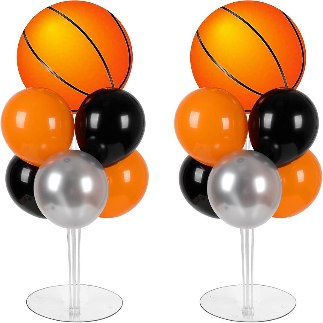 Basketball Party Balloons Stand Kit - 2 Sets With 2 Basketball Ball Foil Balloons - Basketball Themed Party Balloon Centerpiece for Tables - Game Sports Birthday Party Decorations, 10 inches