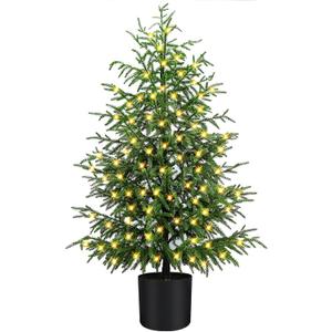 4FT Pre-Lit Artificial Norfolk Pine Christmas Tree Realistic Potted Tree with 100 LED Lights & 8-Function Battery Box, Pre-Assembled Faux Holiday Decor for Indoor Use