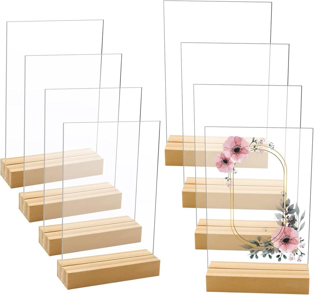 8 Pack 5 x 7 Inch Blank Clear Acrylic Table Displays with Wooden Stands - Ideal for DIY Name Cards, Menu Numbers, and Event Party DecorationsSINGLE LAYER