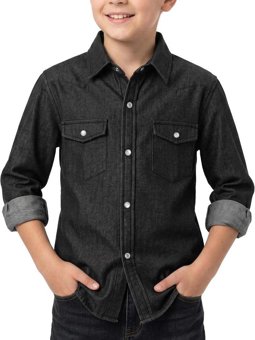 Spring&Gege Western Boys Denim Button Down Shirt Long Sleeve Pearl Snap with Two Flap Pockets (5-14 Years) (Black, M)