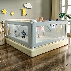 HIQNWTO 3-Piece Bed Rail for Toddlers, Foldable Baby Bed Rail Guard, Adjustable, Safety, Convenient Bed Rails, Guard Rails for Twin, Full, Queen& King Size (Grey Cartoon, 74.8x78.74x78.74 Inch)
