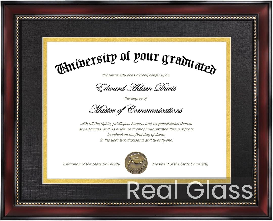 upsimples 11x14 Diploma Frame with High Definition Glass, Fits 8.5x11 Certificate with Black & Gold Mat, Degree Document Frame for Wall or Tabletop, Mahogany with Gold Beads, Graduation Gifts, 1 Pack