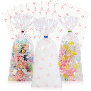 Docvania Cello Cellophane Treat Gift Bags Pink bow Cookie Bags 100 pcs 4 X 9 Goodie Bag with Ties for Mother's Day, Valentine's Day and Parties, Weddings