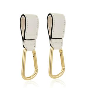 Stroller Hooks 2 Pack, Heavy Duty Leather Clips for Diaper Bags, Adjustable Carabiner Clips for Stroller, Bike, Wheelchair, Universal Stroller Accessories (White Hanging Strap with Gold Hook)