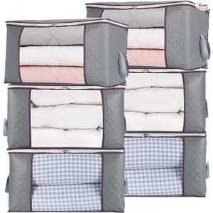 combocube 6Pcs Zippered Storage Bag for Closet King Comforter, pillow, quilt, bedding, Clothes, Blanket Organizers with Large Clear Window & Carry Handles Space Saver
