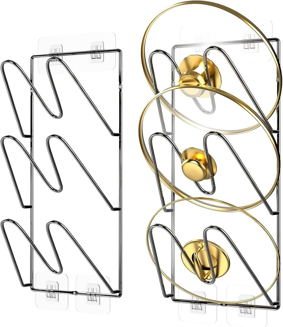 2 Pack Pot Lid Organizer Rack, 6-Tier Pots and Pans Lid Holder Organizer inside Cabinet or Wall/Door, No-Drill Adhesive Mount for Kitchen Storage (Black)