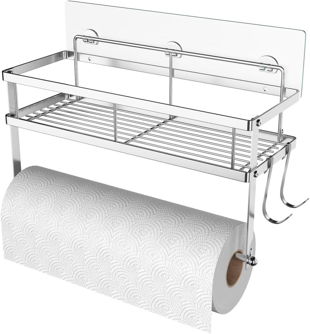 ESOW Paper Towel Holder with Shelf Storage, Adhesive Wall Mount 2-in-1 Basket Organizer for Kitchen & Bathroom, Durable Metal Wire Design, Stainless Steel 304 Brushed Nickel Finish