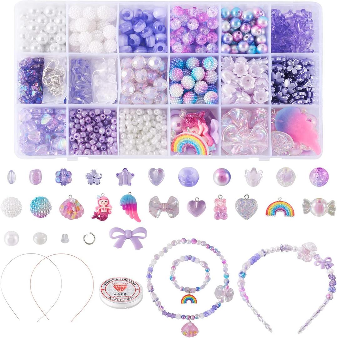 FASHEWELRY 876Pcs Purple Acrylic Pony Beads Cute Gummy Beads Kawaii Clear Beads Assorted Star Heart Bowknot Beads Bulk for Bracelets Necklaces Hair Band Jewelry Making