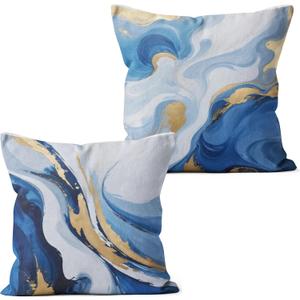 Modern Abstract Blue and Gold Pillow Covers 18x18, Modern Abstract Blue and Gold Decorative Throw Pillow Covers for Couch Bed Home Living Room Bedroom Decor, Set of 2