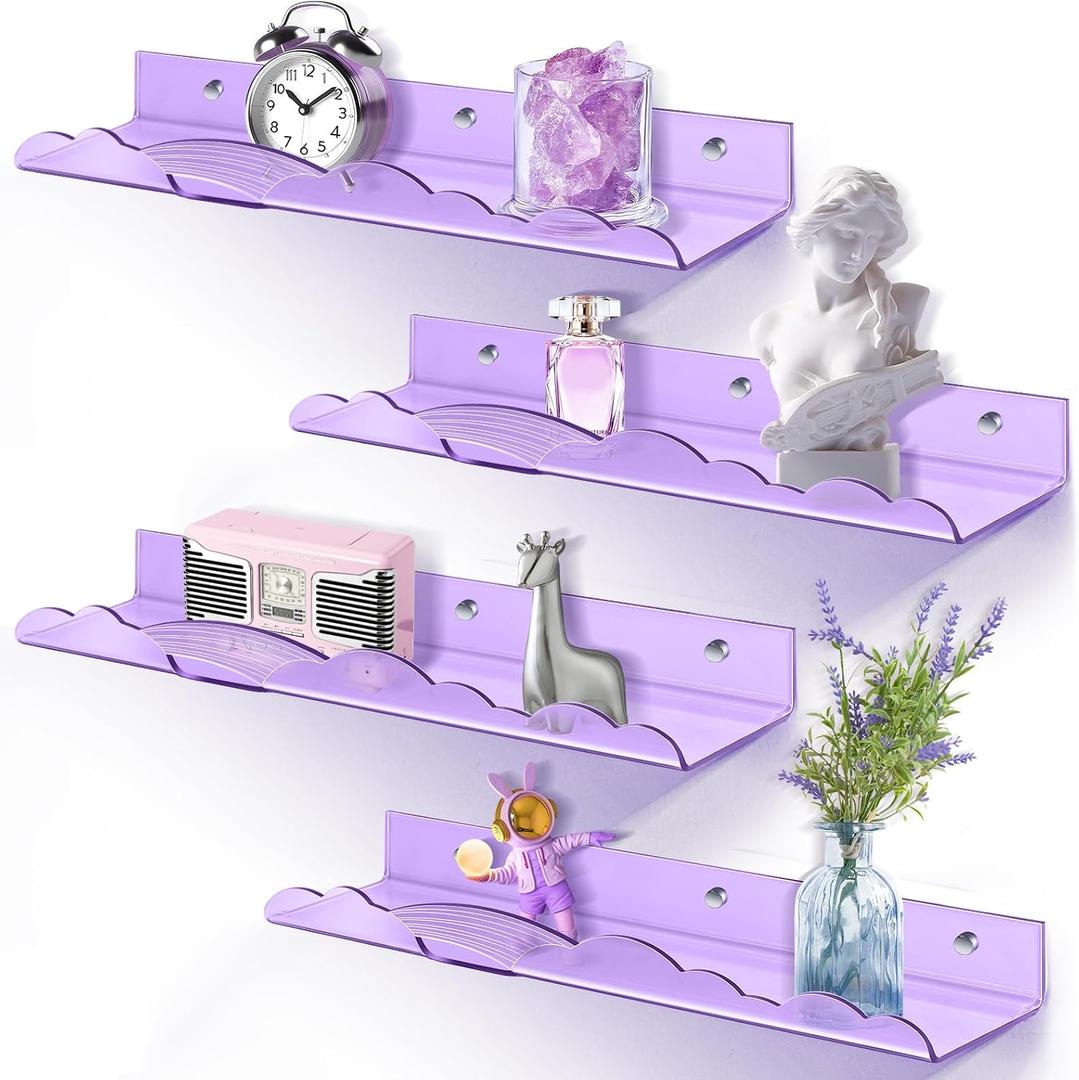 Rainbow Acrylic Floating Shelves, 15in Kids Wall Mounted Nursery Bookshelves, Display Ledge for Books Toys Cosmetic Storage, Bathroom Bedroom Living Room Wall Organizer, 4 Pack, Purple, 40cm, 4 Pack