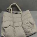 Puffer Tote Bag with Laptop Compartment, Quilted Shoulder Bag for Work Gym, Puffy Travel Carry On Tote with Zipper (Beige)