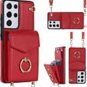 for Samsung Galaxy S21 Ultra Case 5G 6.8 inch, Minimalist Wallet Case with Ring Kickstand and Shoulder Strap, Shockproof Stylish Protective Cover for Galaxy S21 Ultra -Red
