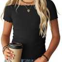 Girls Short Sleeve Shirts Lettuce Trim Boat Neck Tops Summer Casual Tee Basic Cute T-Shirts (Black,13-14 Years) (