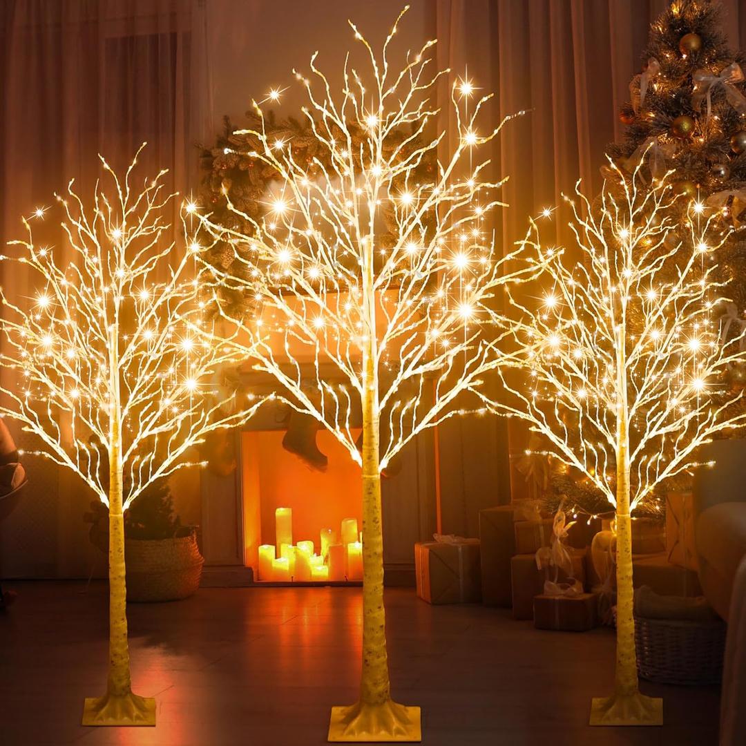 3 Pcs 6ft-400led, 8ft-450led Lighted Birch Tree 8 Modes Christmas Artificial LED Warm White Lights Birch Tree for Indoor and Outdoor Home Decor Thanksgiving Holiday Decoration