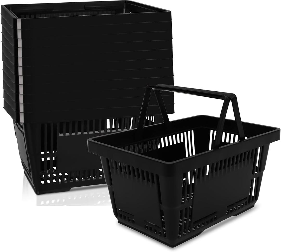 12 x 12PCS Shopping Baskets with Handles, 21L Durable Plastic Shopping Cart, Portable Grocery Basket for Supermarket Retail Shop Book Store Laundry, Black