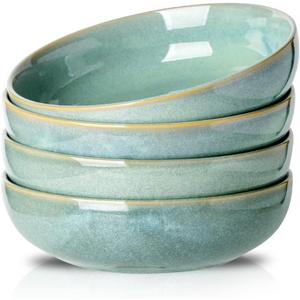 HVH 8.5 inch Large Pasta Bowls Set of 4, 46oz Big Salad Bowl Set of 4, Shallow Bowls, Dinner Bowls Set, Ceramic Bowls Set Microwave and Dishwasher Safe, Smooth glaze (Turquoise)