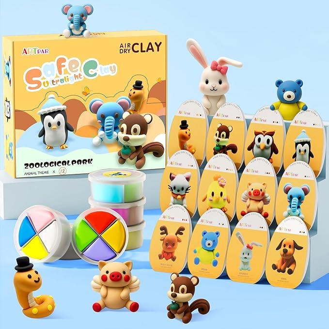 ARTPAR Air Dry Clay Kit for Kids12 Animals Modeling Magic Clay,DIY Art Crafts Molding Clay Set,Ultra Light & Soft, Safe & NonStick with Sculpting Tools & Tutorials, Unique Gifts for Boys & Girls