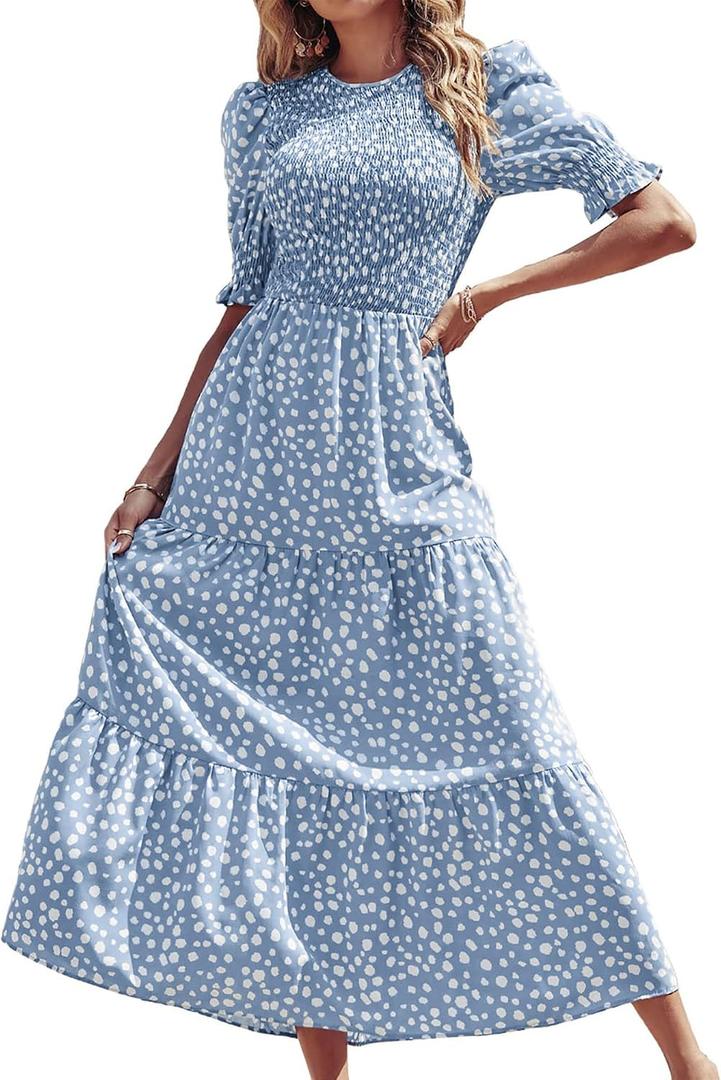 BTFBM Women Casual Summer Dresses 2026 Spring Crew Neck Ruffle Short Sleeve Smocked Floral Boho Flowy Maxi Dress Clothes (Blue, M)