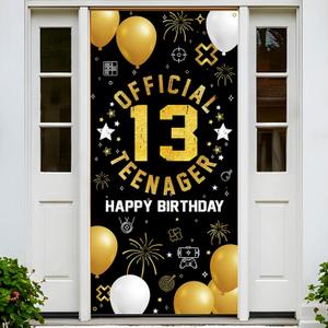 13th Birthday Backdrop Banner for Boys Girls, Fabric Yard Sign, Photo Props Door Decorations, 13 Years Old Teenager Party Decor Indoor Outdoor, Black Gold Silver Theme