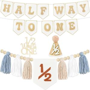1/2 Birthday Boy Half Birthday Decorations  Half Way to One Banner Cake Topper Tassel Wood Bead High Chair Banner Hat for Boys and Girls 6 Months Birthday Decorations Party Supplies