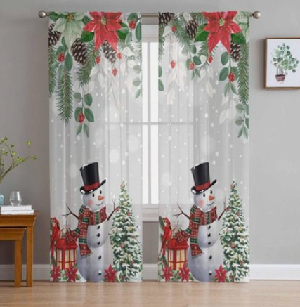 ZOE GARDEN Christmas Snowman,2 PCS Semi-Sheer Curtains 96 Inches Long,Grey Winter Xmas Tree Snowflake Red Poinsettia Rod Pocket Voile Panels,Window Drape Chiffon Fabric for Living Room Bedroom,104x96