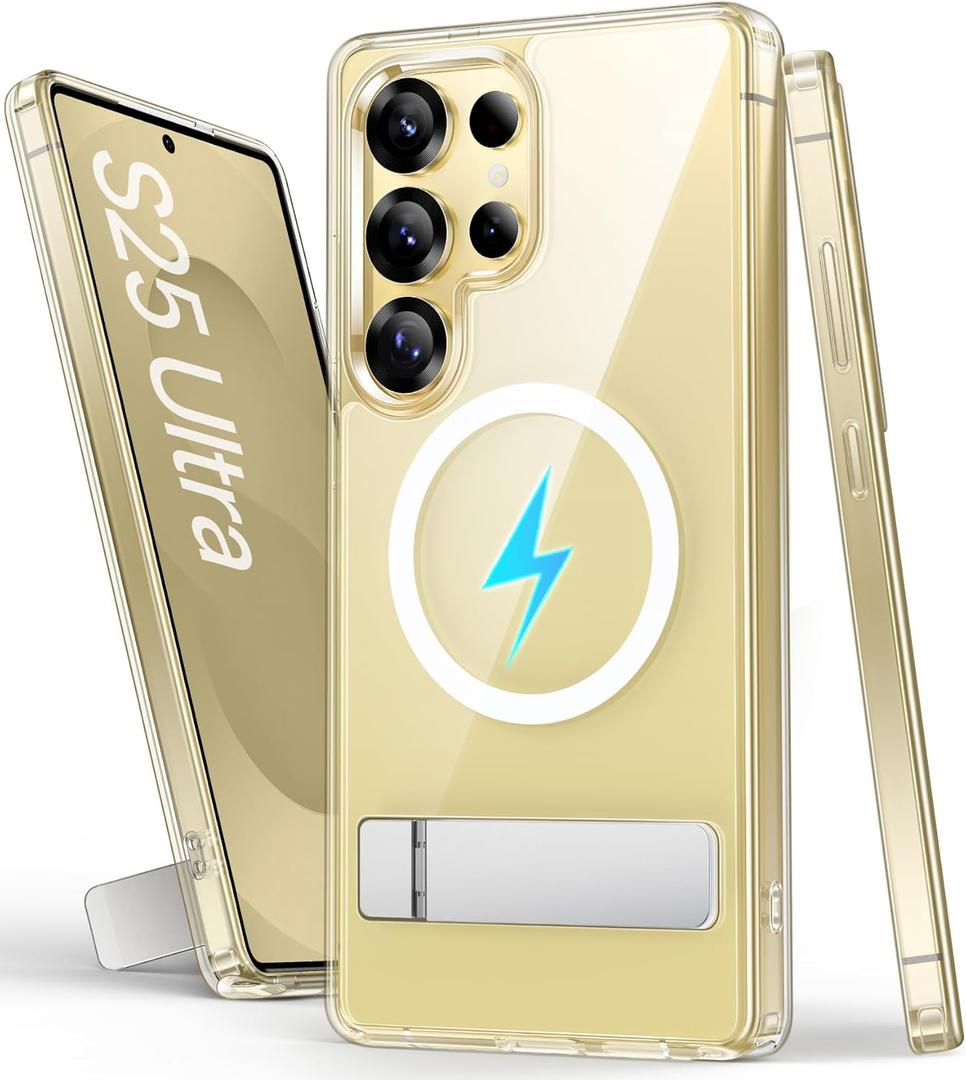 SIXBOX Magnetic for Samsung Galaxy S25 Ultra Case, Builtin Kickstand [NonYellowing] [Compatible with MagSafe] Shockproof Full Body Protective Cover Transparent Phone Case for Galaxy S25 Ultra, Clear