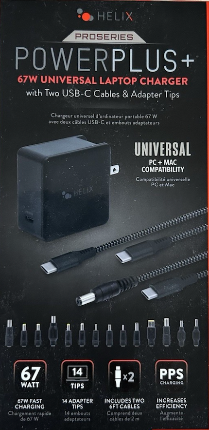 Helix Powerplus+ 67W Universal Laptop Charger with 2 Usb c Cable and Adapter Tip