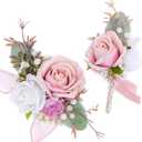 Fnize Pink Corsage and Boutonniere Set for Bride Groom Bridesmaids Groomsmen Wedding Homecoming Flowers Prom Suit Accessories, Rose Boutonniere and Wrist Corsage Flower