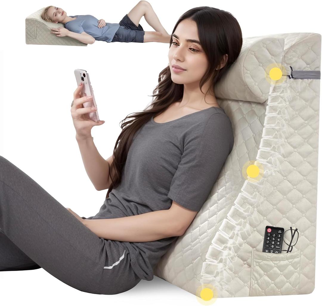 Daneey Bed Wedge Pillow, Reading Pillow Adult, Wedge Pillow for Sleeping, Back Pillow for Sitting in Bed with Adjustable Roller, Foam Wedge Pillow for Neck, Lumbar, Back, Light Brown, Velvet