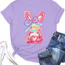 Easter Shirts for Women Happy Bunny Shirt Cute Rabbit Graphic Tee Funny Easter Gifts Short Sleeve Tops (Purple, S)