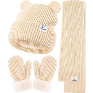 Baby Beanie Mittens Scarf Set,Toddler Infant Kids Winter Hat with Bear Ear Thermal Gloves Neck Warmer Set for Girls Boys (6-36 Months, Beige)