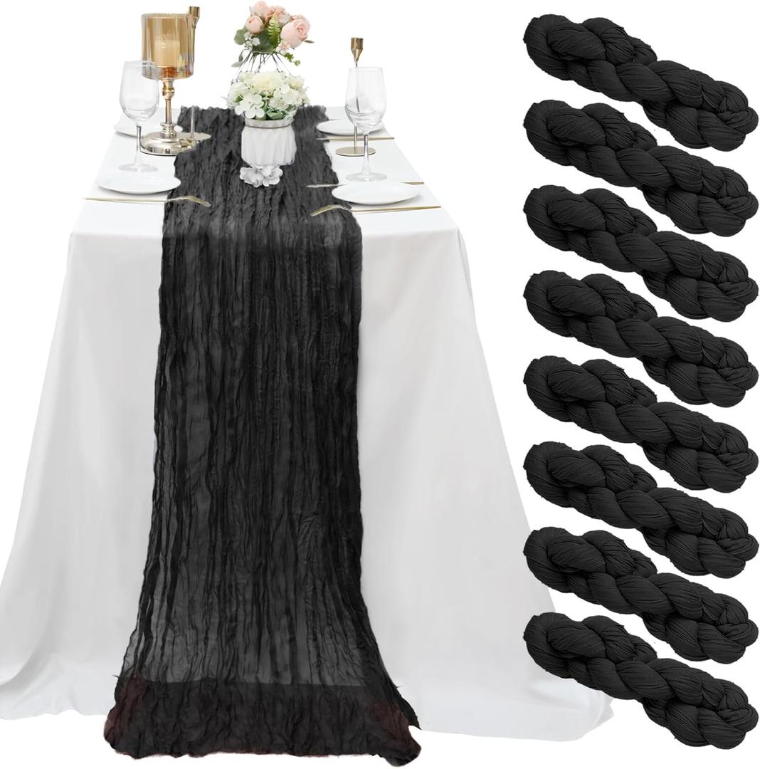 8 Pack Black Cheesecloth Table Runner 10Ft Gauze Cheese Cloth Table Runner 35x120Inch Romantic Boho Table Runners for Wedding Birthday Party Bridal Baby Shower Engagement Halloween Holiday Table Decor