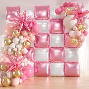 Set of 25 Double-Sided Pink & White Foil Square Balloon Wall Kit with 136Pcs Light Pink Gold Balloon Arch, Starburst Balloons, and Tools for Wedding Backdrop, Birthday Party Decoration