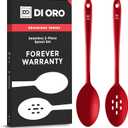 DIORO Silicone Mixing & Serving Spoons - Large Heat-Resistant Non Stick Utensils Big Solid & Slotted Basting & Stirring Spoons - Dishwasher Safe (2pc, Red)