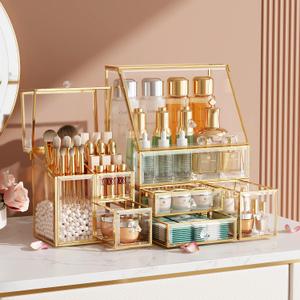 Clear Makeup Organizer with Gold Frame  Countertop Vanity Organizer for Skincare, Lipsticks, Perfume & Brushes  Bathroom Cosmetic Storage Display Box (Glear)
