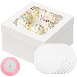 qiqee White 10x10x8 Cake Box, 18 Sets Cake Box with Window 18 Sets 10" Cake Round Boards, 10inch Cake Containers, 10 Meters Pink Silk Ribbon Includes