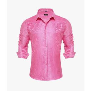 DiBanGu Silk Paisley Dress Shirts for Men Long Sleeve Button Down Shirt Casual Regular Fit Men's Shirts Wedding Party Pink L